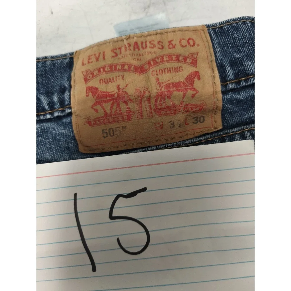Levis 505 Jeans Mens 34x30 Blue Denim Straight Leg Light Wash Distressed Zip Fly